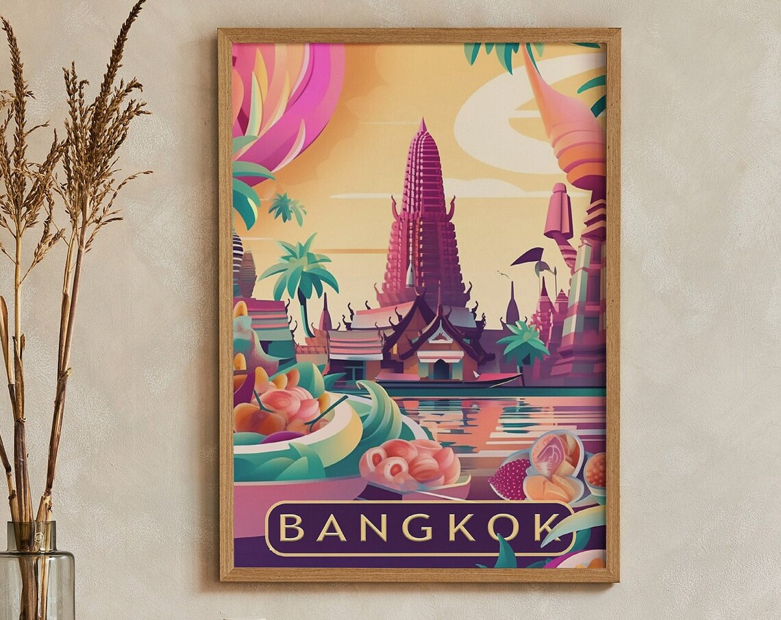 Bangkok Thailand Art Deco Temple Riverside Market Travel Poster