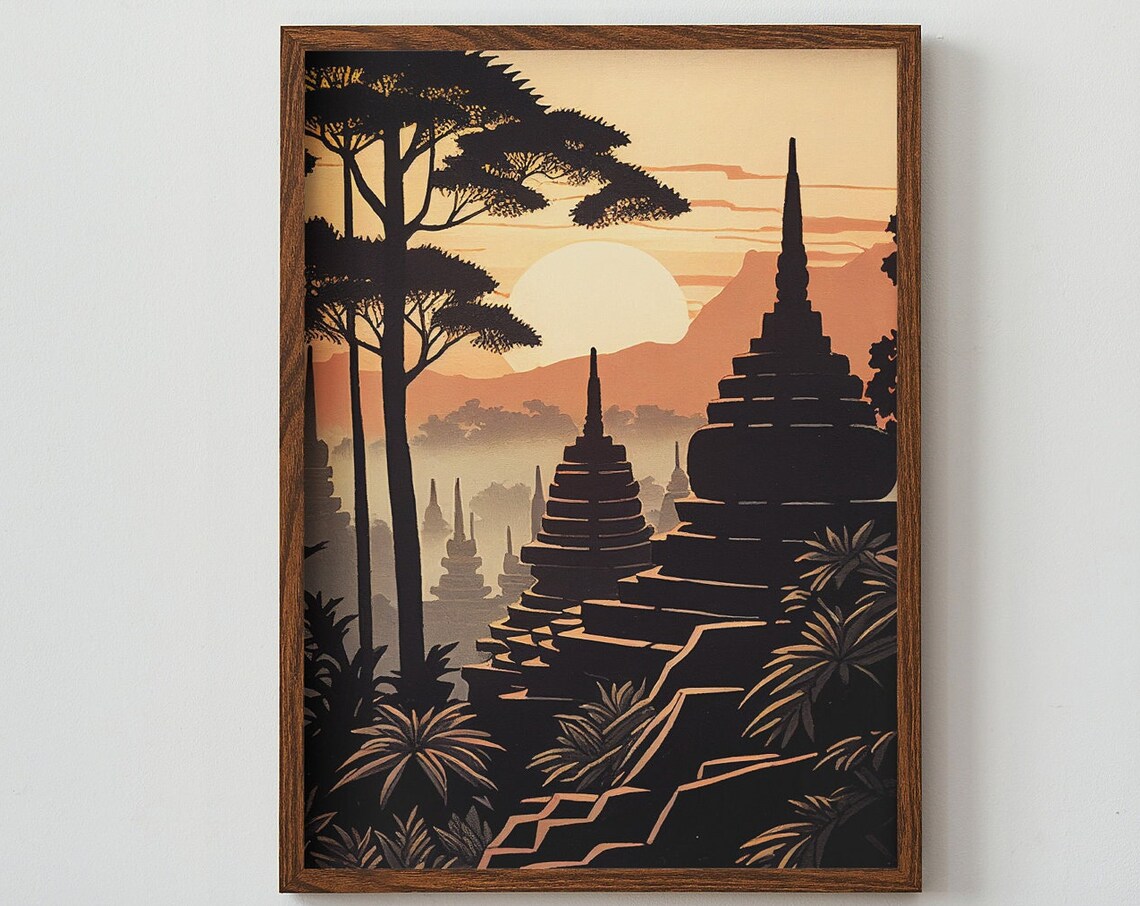 Borobudur Stupas Silhouetted at Golden Sunrise Palm Trees Poster