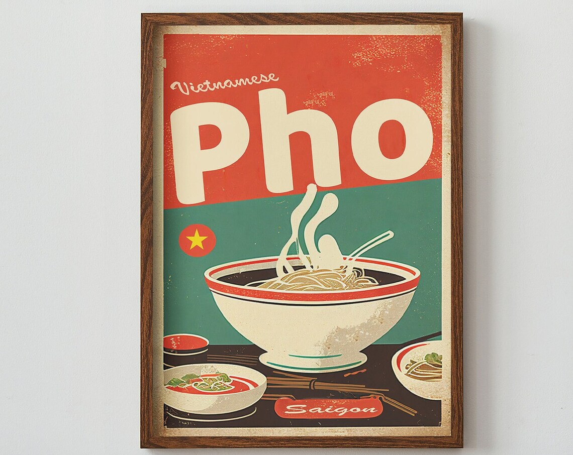 Vietnamese Pho Saigon Vintage Red Retro Food Kitchen Wall Poster
