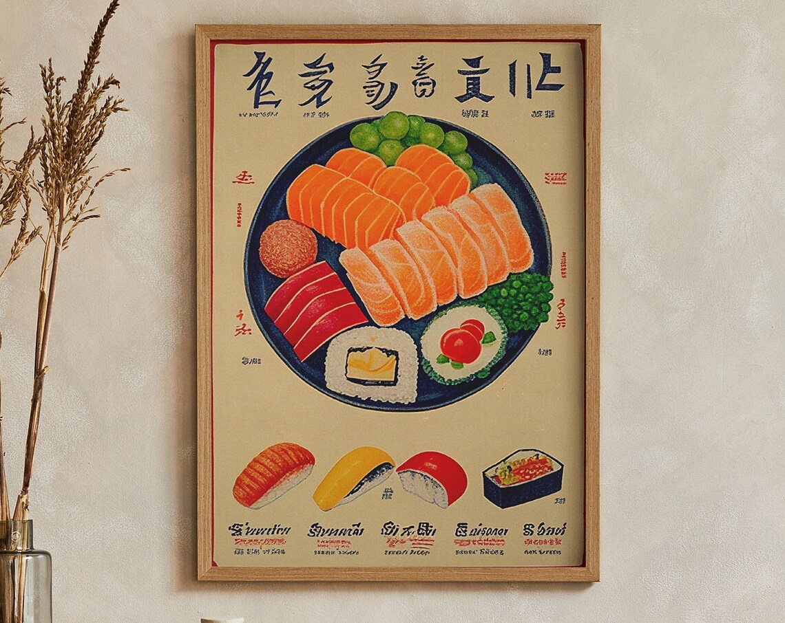 Vintage Japanese Sushi Selection Illustrated Menu Style Food Poster