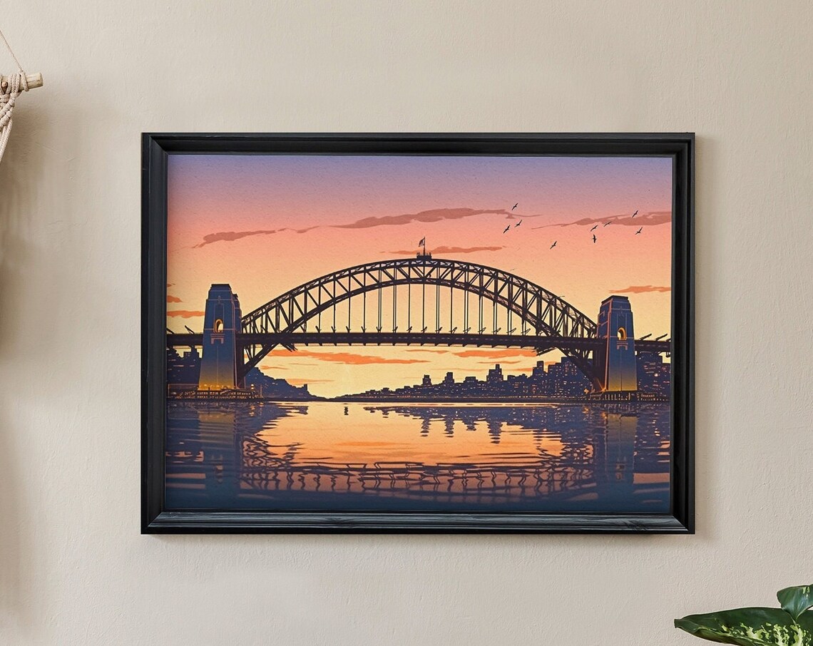 Sydney Harbour Bridge At Pink Sunset Water Reflection Art Poster