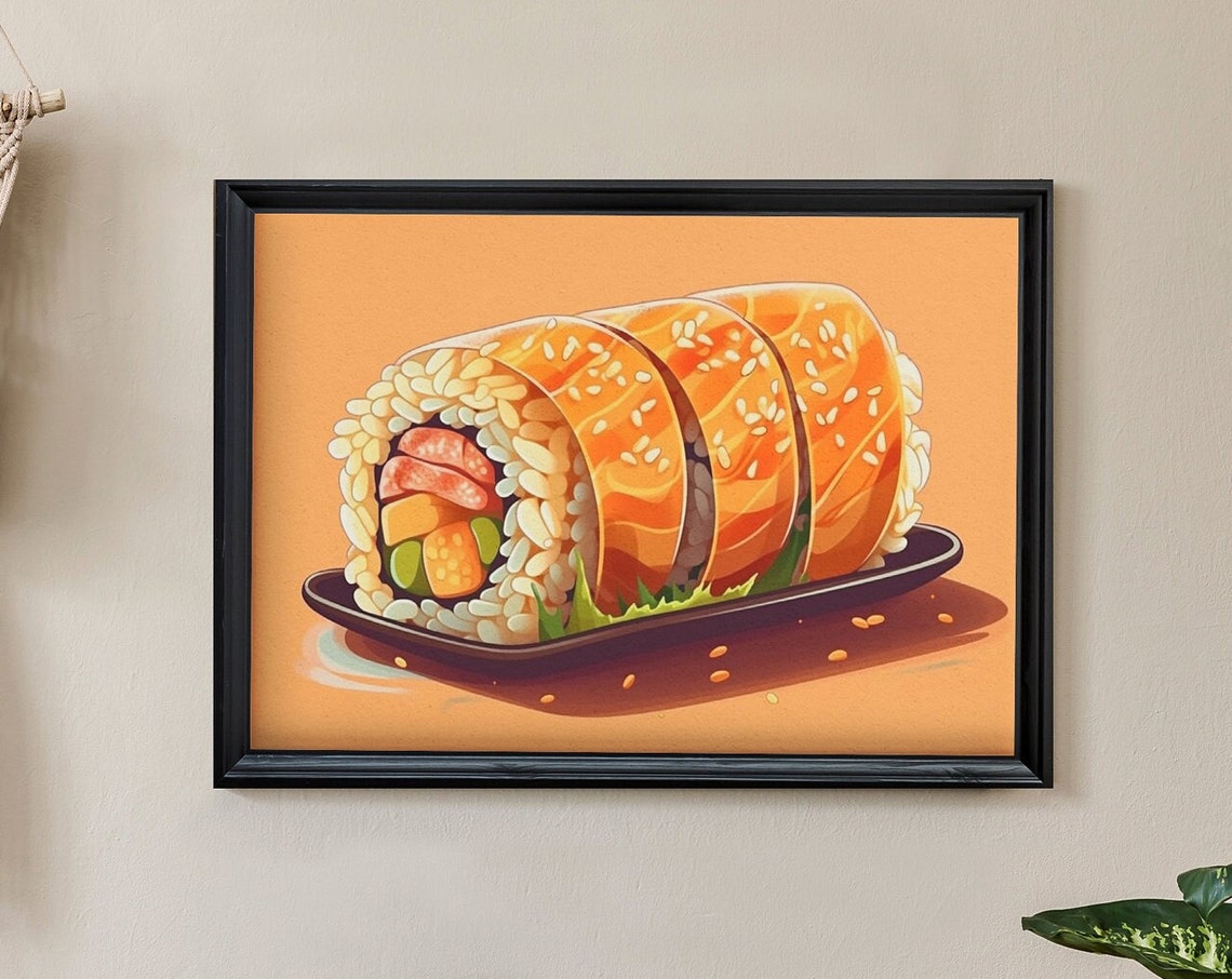 Anime Style Salmon Sushi Roll Illustration Fun Kitchen Poster