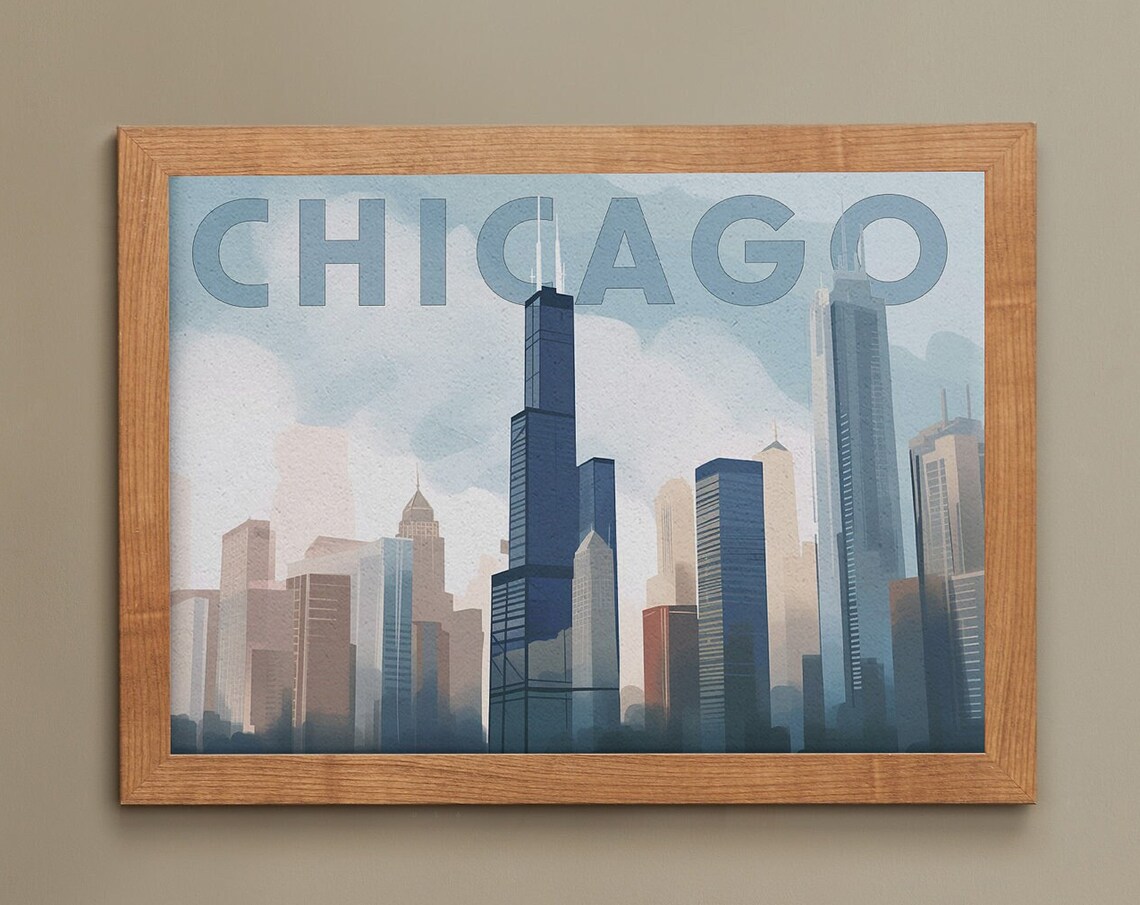 Chicago Skyline Featuring Sears Tower Retro City Travel Poster