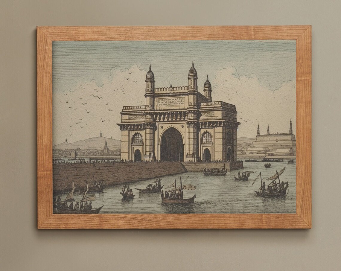 Gateway of India Mumbai Vintage Engraving Style Travel Poster