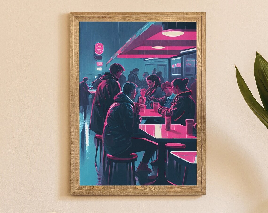 Neon Diner Interior Night Pink Glow Retro Cinematic Art Poster