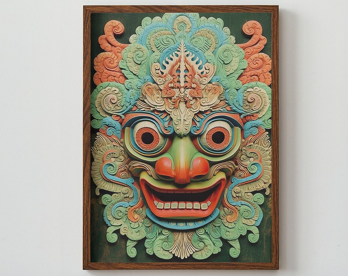 Bold Balinese Barong Mask Colorful Carved Mixed Media Poster