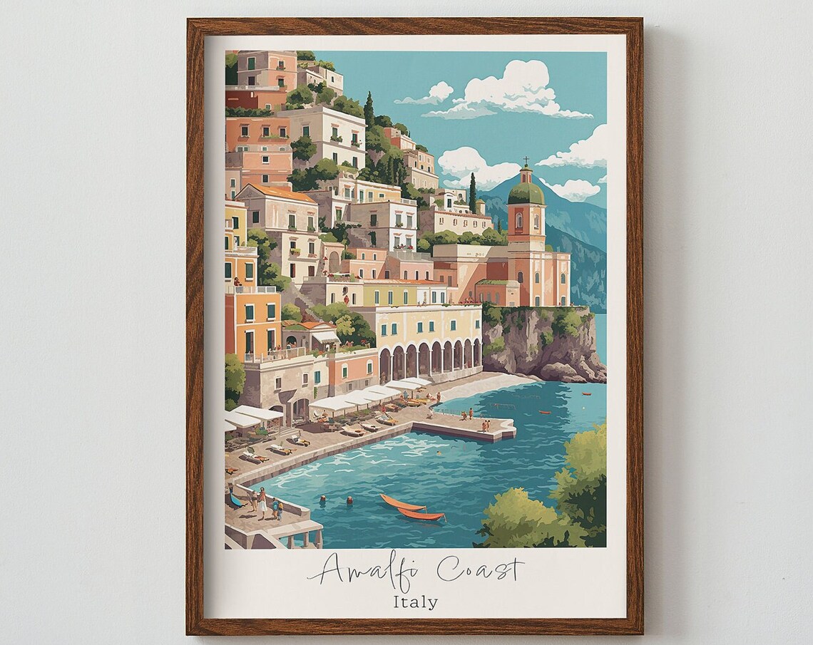 Amalfi Coast Italy Cliffside Village Beach Summer Travel Poster