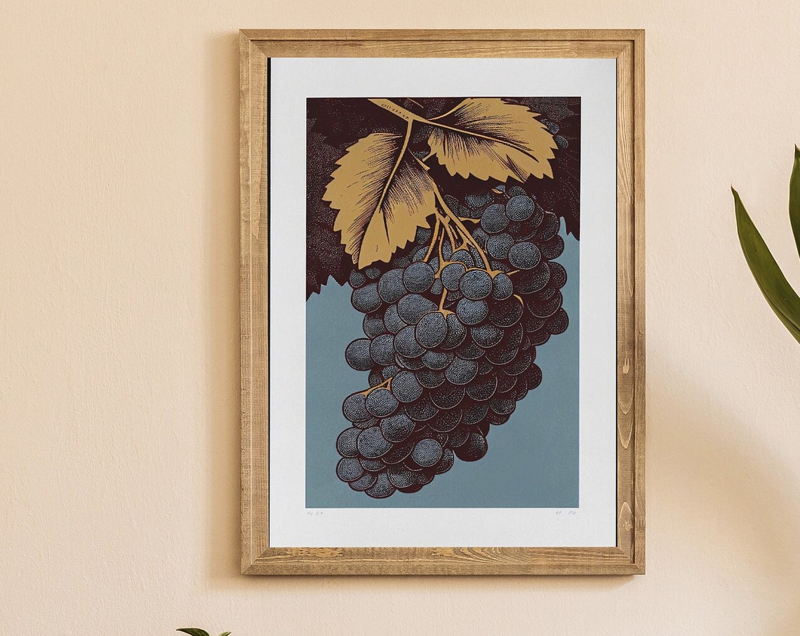 Grape Cluster Woodcut Style Modern Fruit Still Life Wall Print