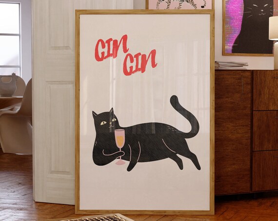 Cin Cin Happy Black Cat Toasting Champagne Funny Animal Poster