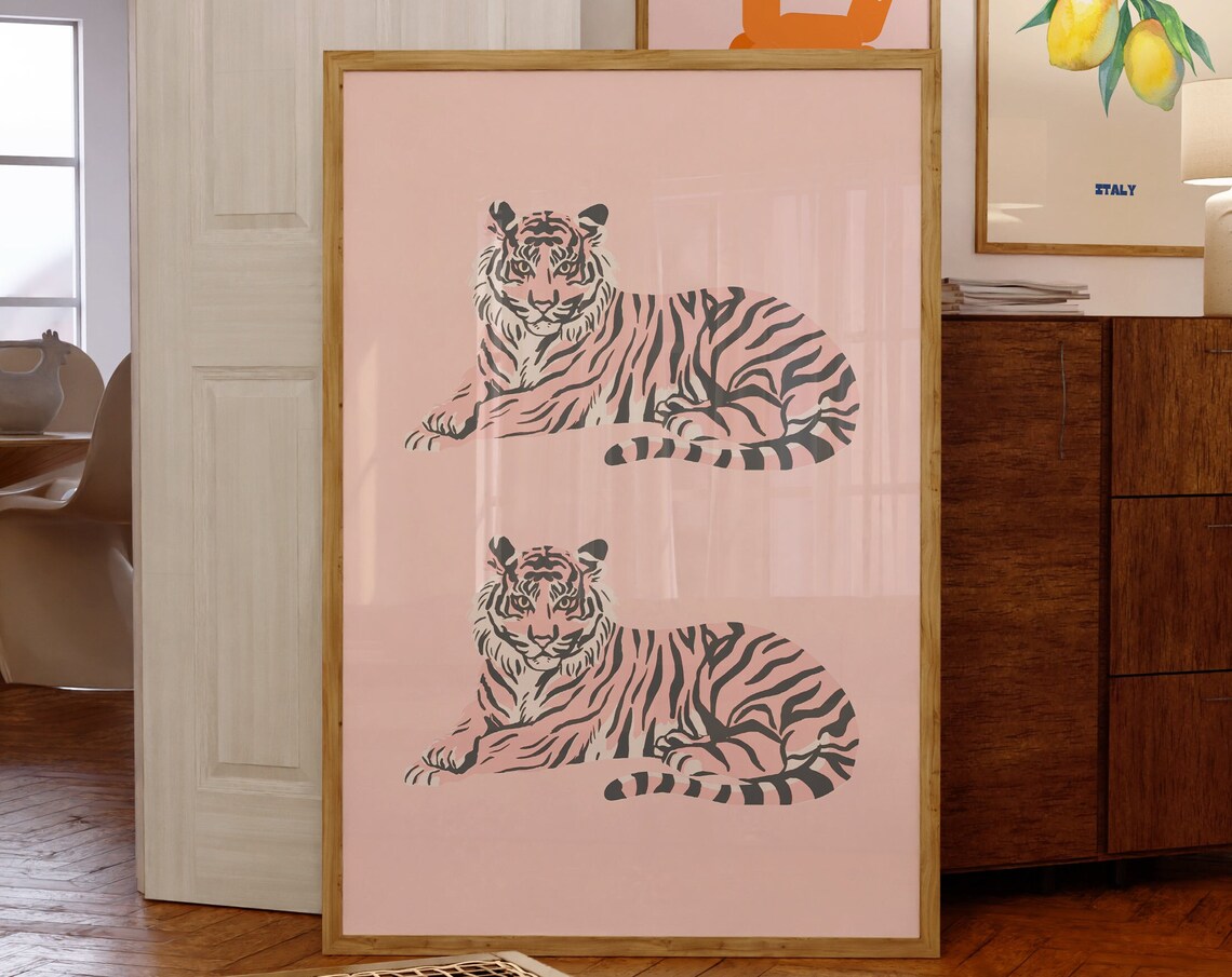 Tiger Art Print Rose Pinkretro Tiger Wall Artpreppy Animal Posterfunky Trendy Art Printsanimal Artminimal Tiger Posteranimal Art Decor
