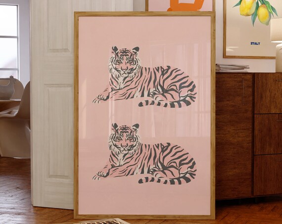 Blush Pink Tigers Pair Illustration Trendy Modern Animal Wall Art