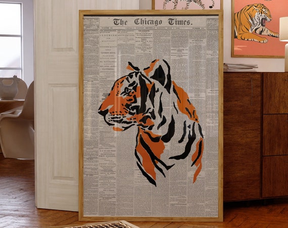Tiger Head On Vintage Chicago Times Newspaper Art Retro Poster