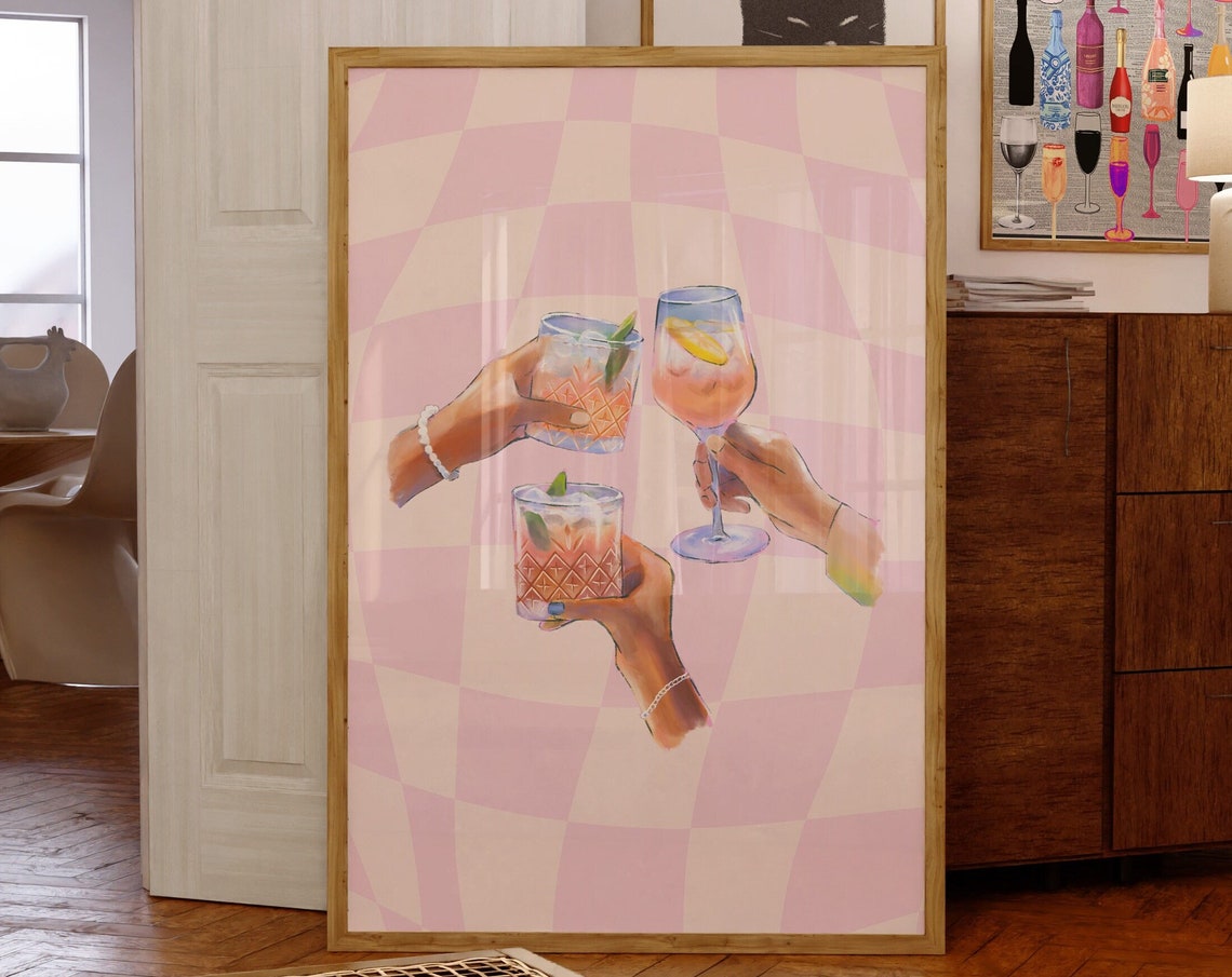 Cheers Cocktail Toast Hands Pink Checkered Bar Cart Art Poster