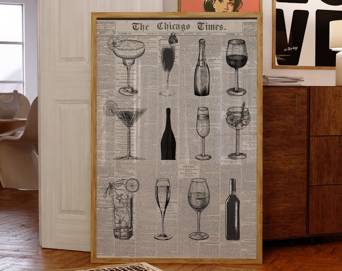 Retro Champagne Cocktail Sketches Vintage Newspaper Bar Art Poster