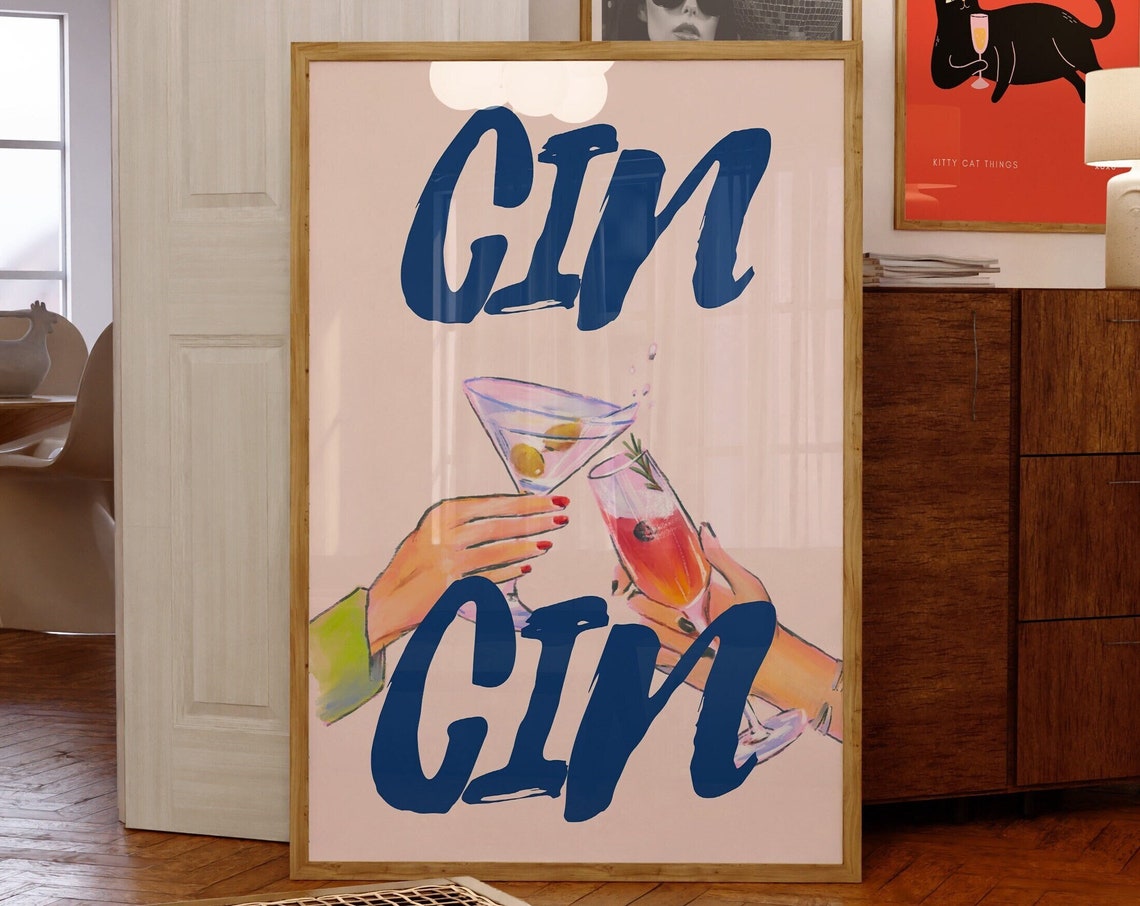Cin Cin Navy Script Cocktails Clinking Hands Cheers Bar Art Poster
