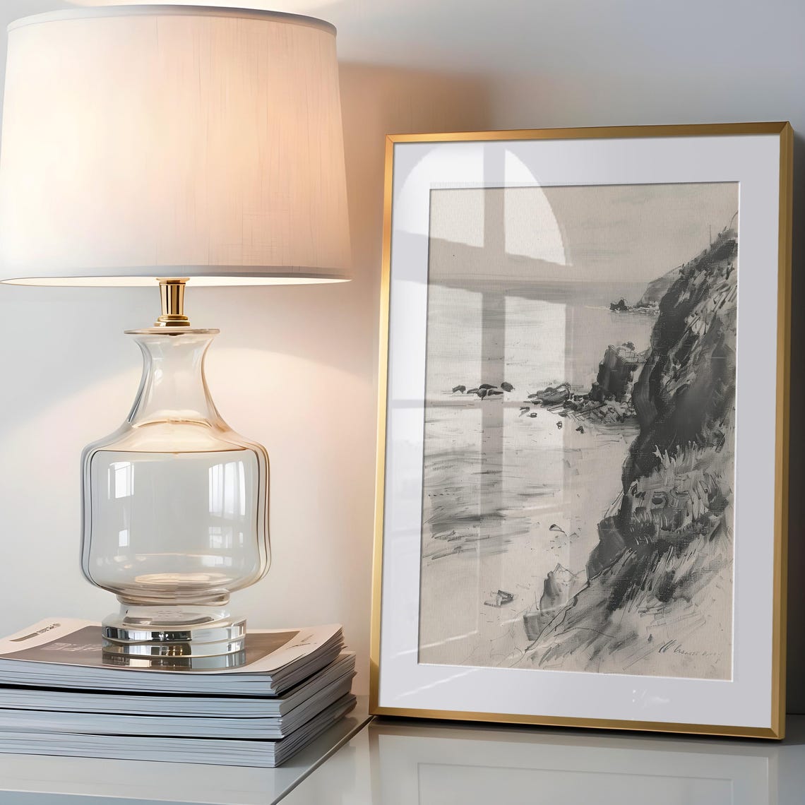 Charcoal Cliffs and Sea Sketch Monochrome Coastal Artwork Wall Art