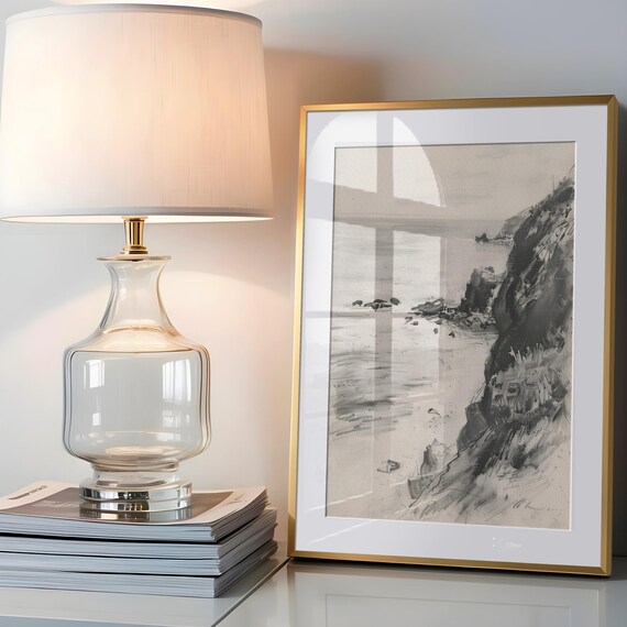 Charcoal Cliffs and Sea Sketch Monochrome Coastal Artwork Wall Art