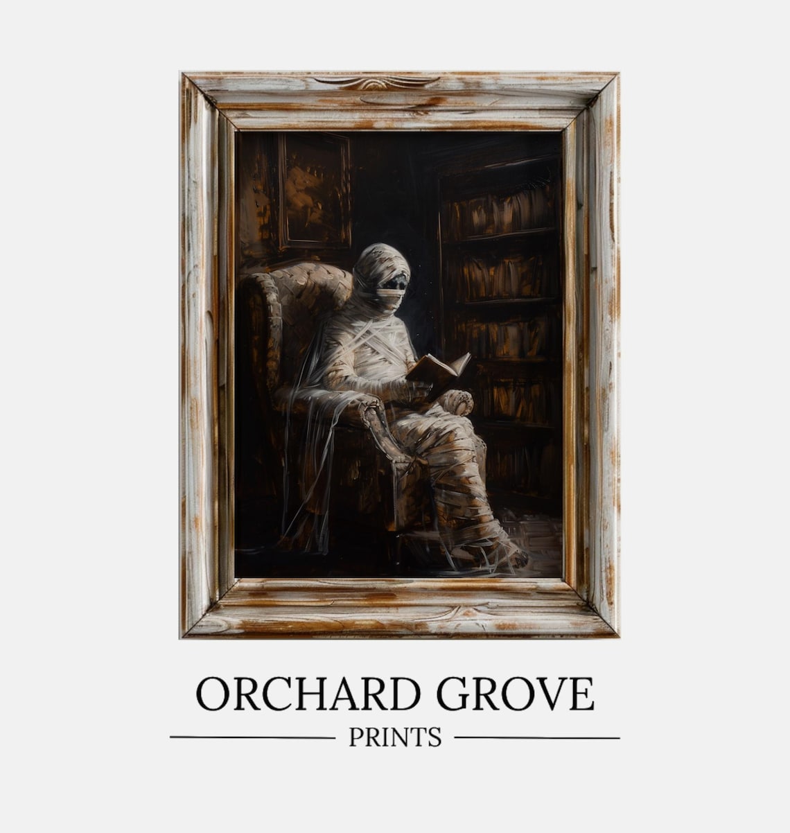 Spooky Mummy Reading Dark Library Armchair Halloween Oil Painting Poster