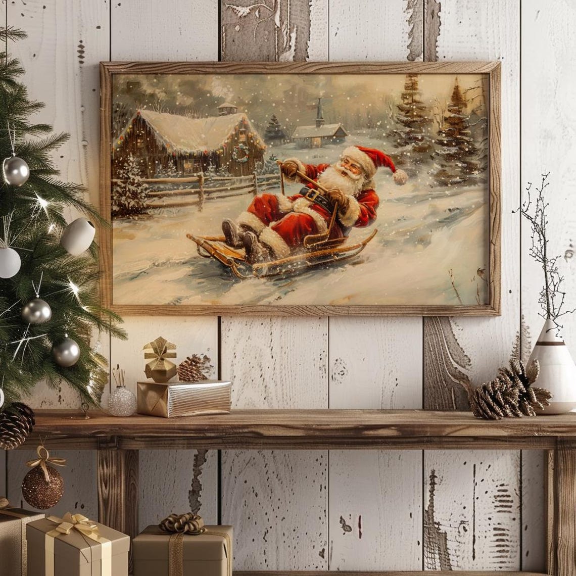 Santa Sledding Wall Art Toboggan Print Winter Oil Painting Holiday Farmhouse Decor Nordic Sled Santa Farm Print Christmas Decor - Image 4