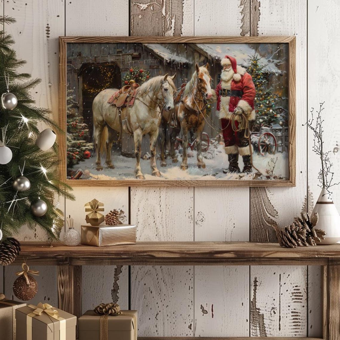Santa Farm Print Santa Horse Horse Christmas Art Cute Horse Festive Animal Wall Art Holiday Farmhouse Decor 177 - Image 4