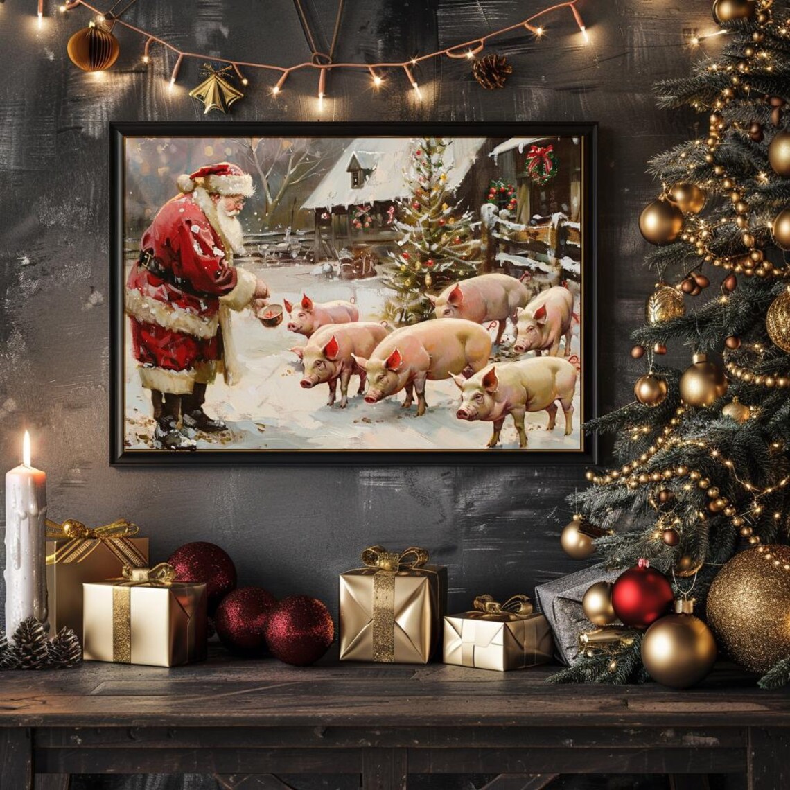 Santa Farm Pig Christmas Art Print, Vintage Farmhouse - Image 4