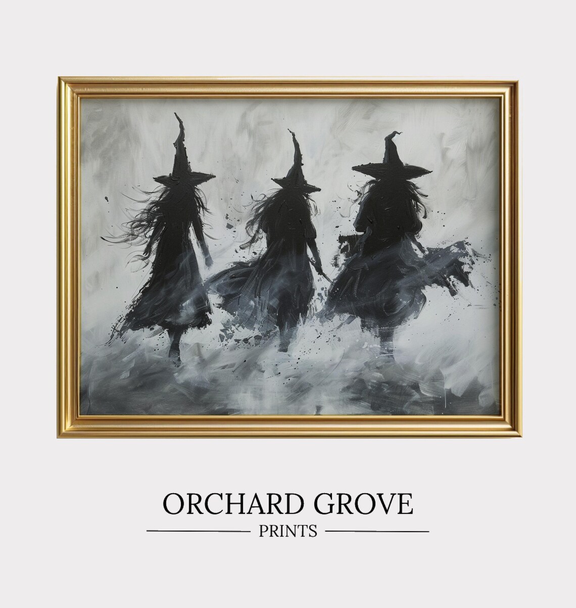 Three Witches Silhouette Misty Black White Spooky Witchy Halloween Art Poster - Image 2