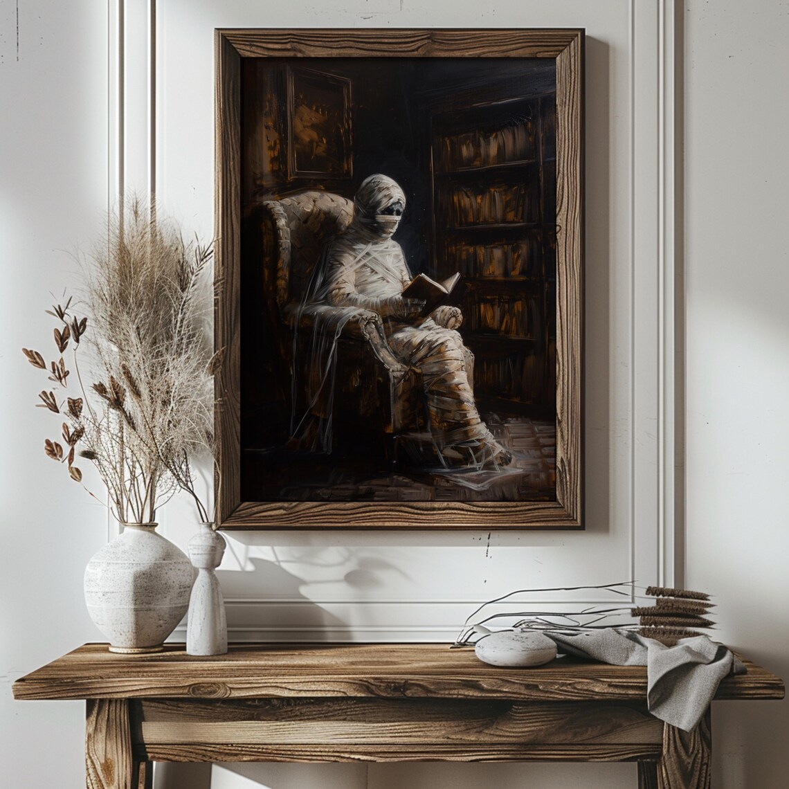 Spooky Mummy Reading Dark Library Armchair Halloween Oil Painting Poster - Image 3