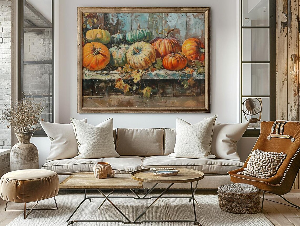 Colorful Harvest Pumpkins Gourds Rustic Bench Fall Still Life Oil Painting Poster - Image 3