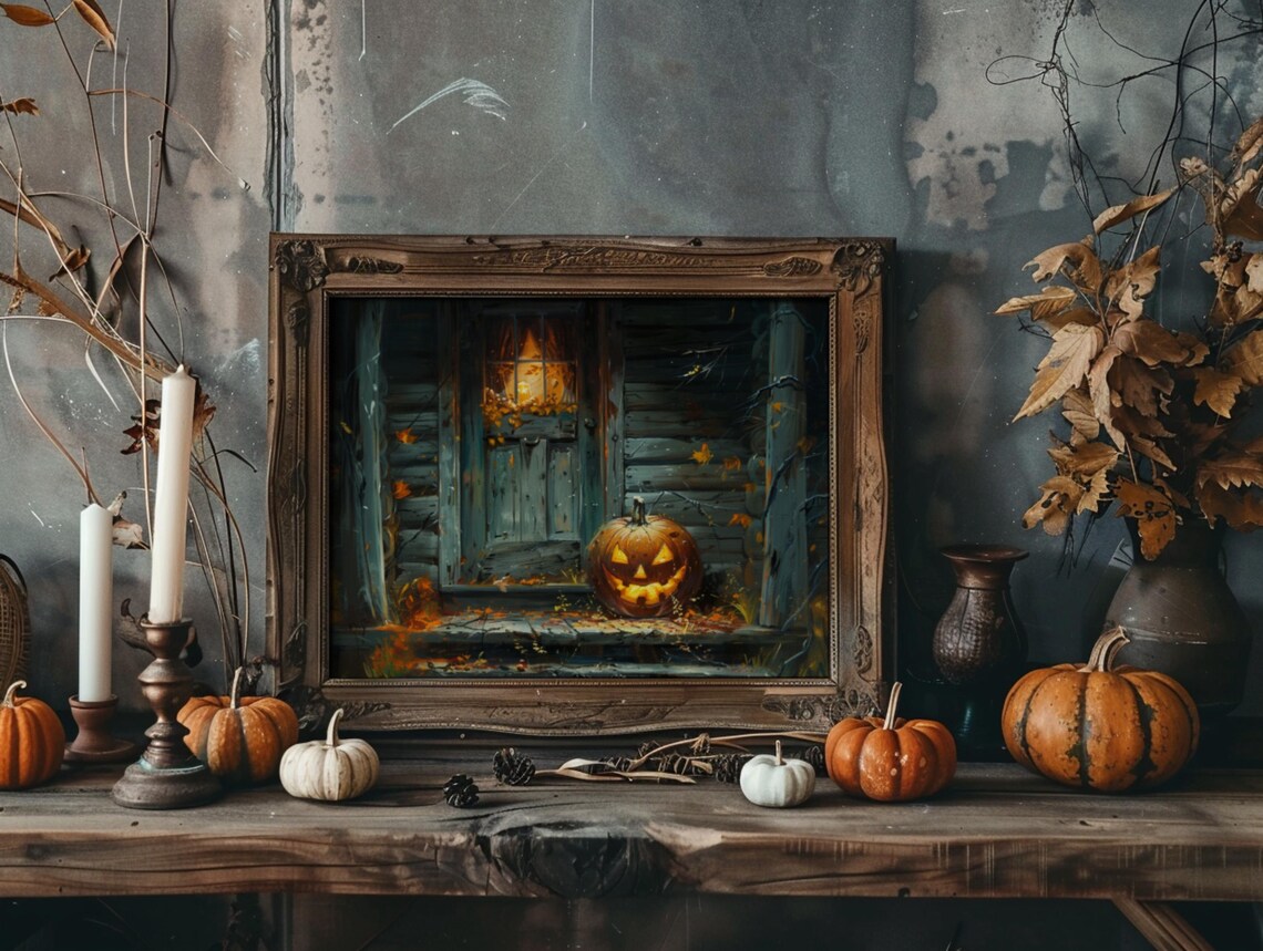 Glowing Jack O Lantern Spooky Cabin Porch Halloween Night Oil Painting Poster - Image 4