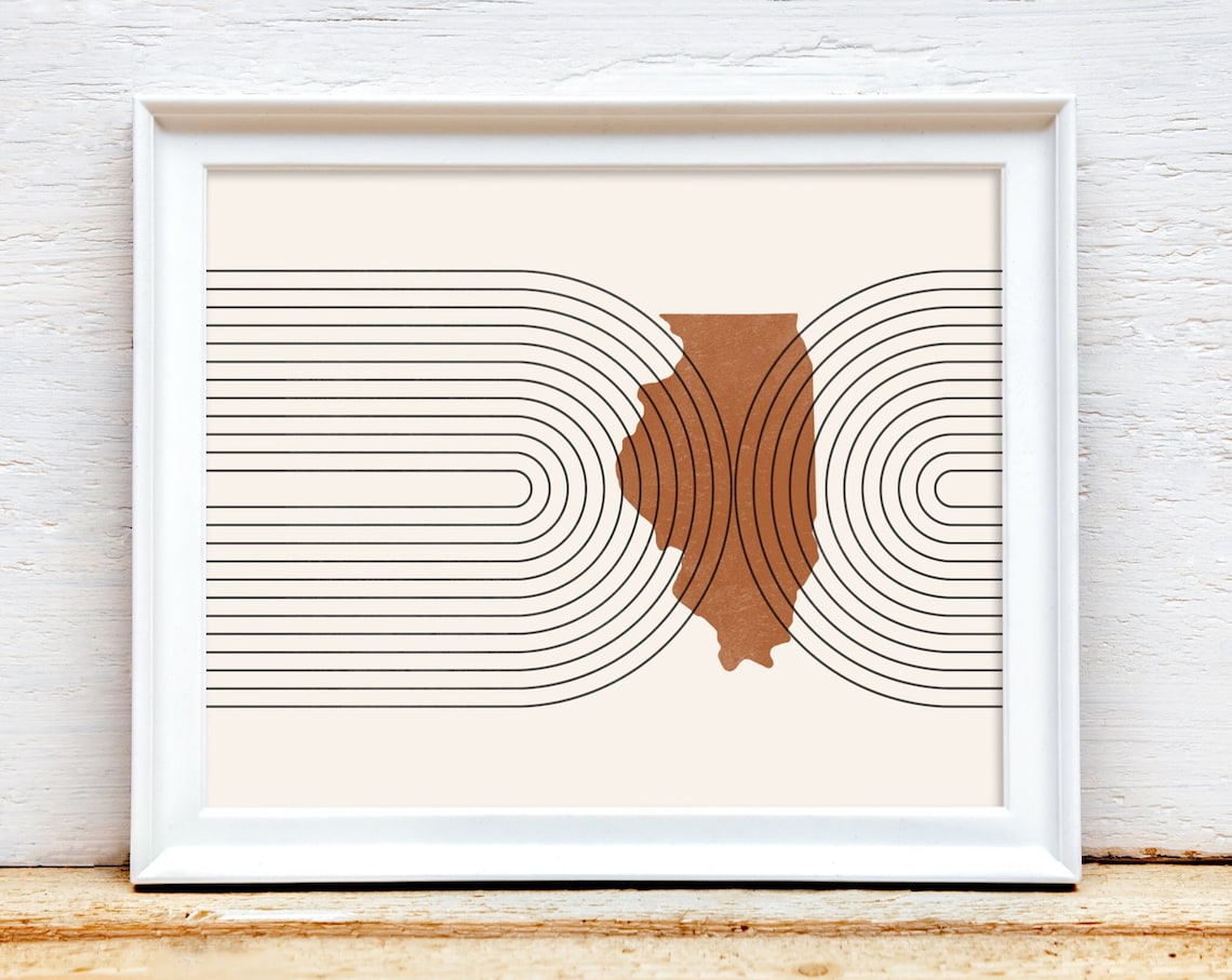 Mid Century Illinois Map Minimalist Terracotta Line Art Poster