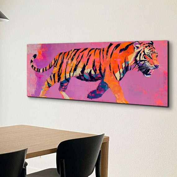Retro Pink Tiger Wall Art Bold Statement Panoramic Wall Art Ready To Hang Panoramic Wall Art Print Large Wall Art