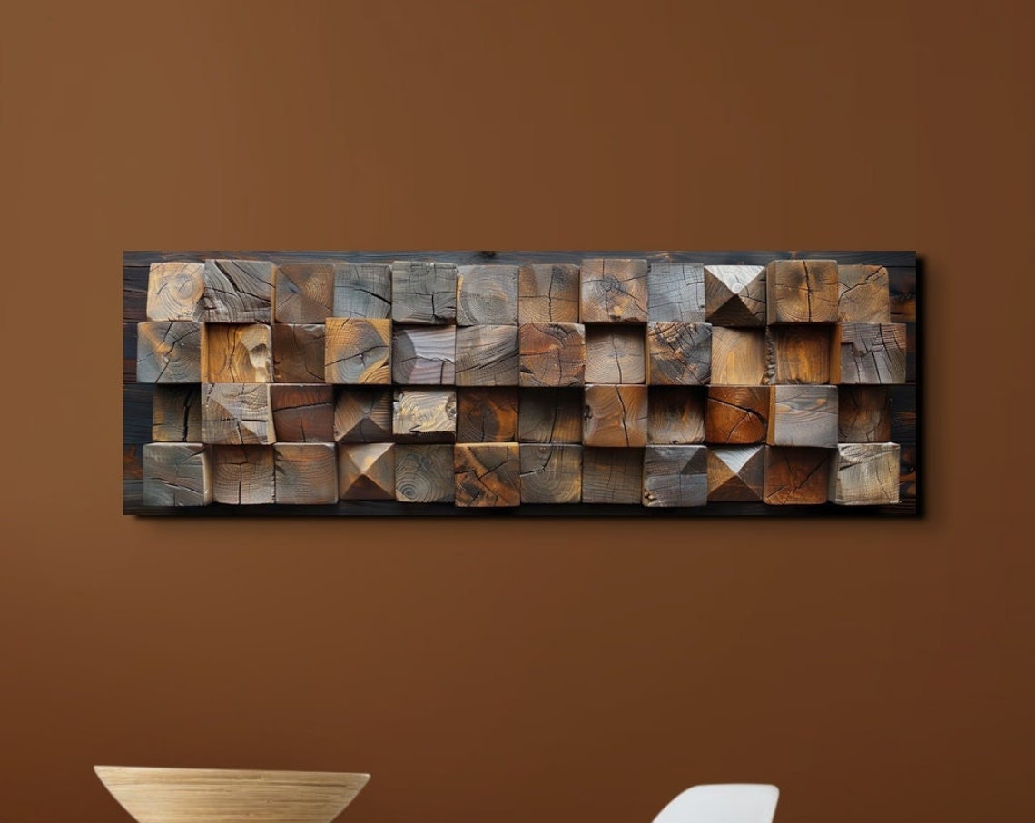 Rustic Wooden Block Cubes Textured 3D Panoramic Decor Poster