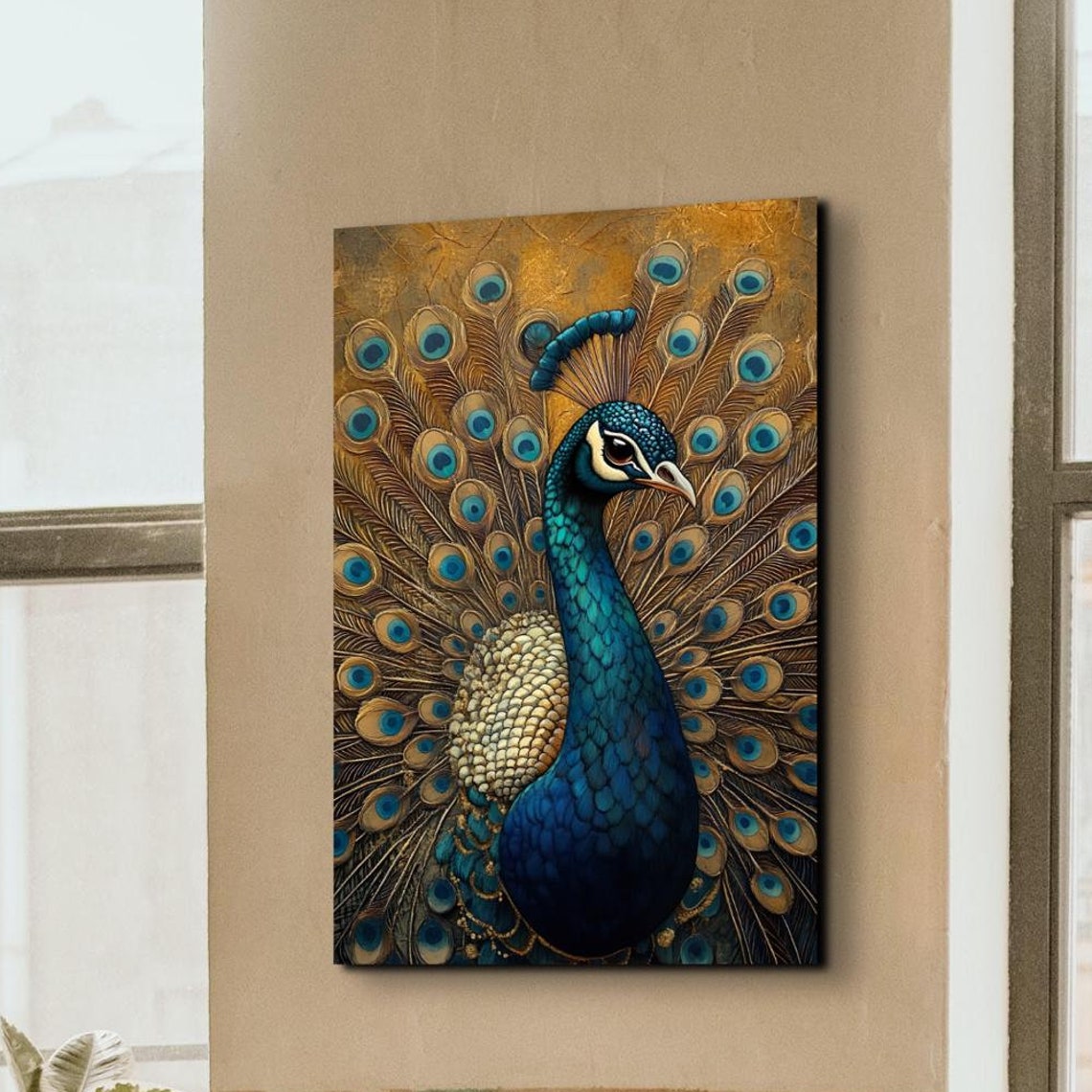Peacock Profile Golden Background Ornate Bird Portrait Art Poster