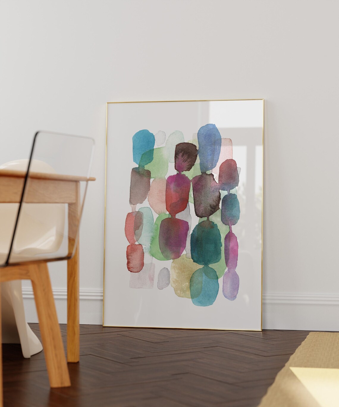 Muted Watercolor Pebble Shapes in Teal and Lilac Abstract Poster