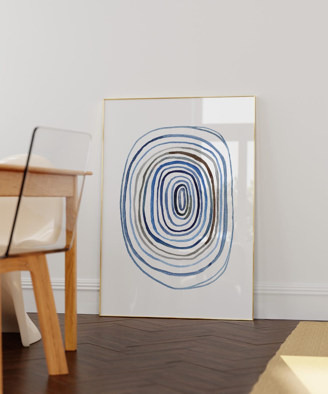 Watercolor Concentric Blue Rings Oval Calm Minimalist Poster