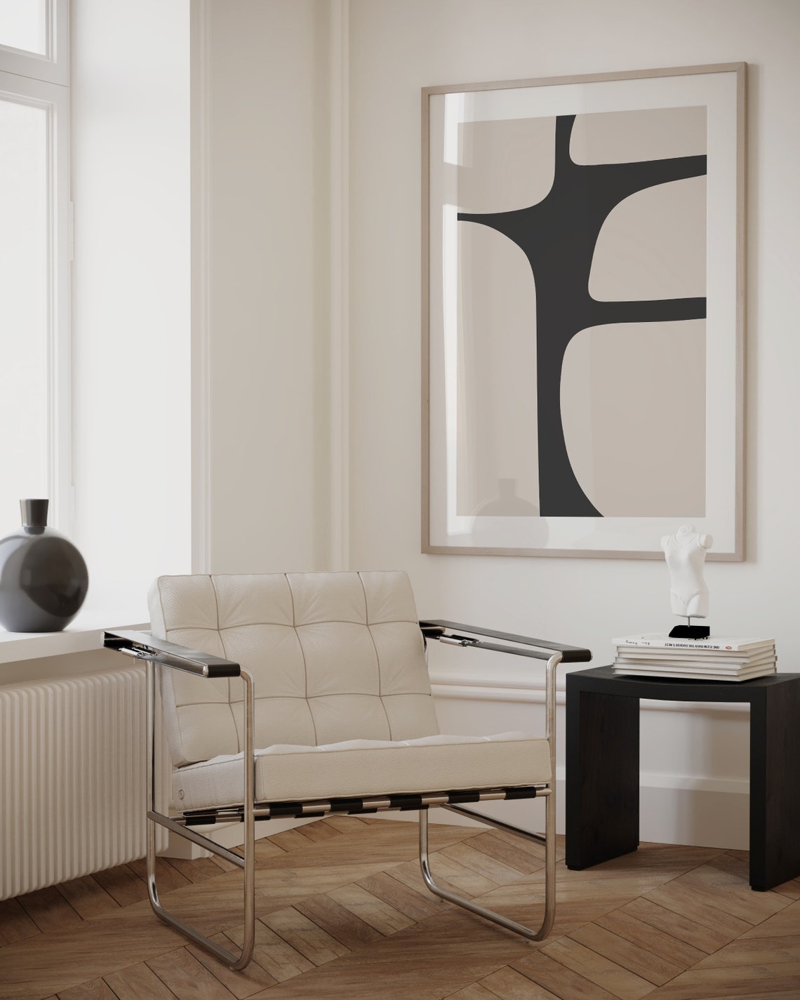 Black Organic Shapes on Warm Beige Mid Century Abstract Wall Art - Image 3