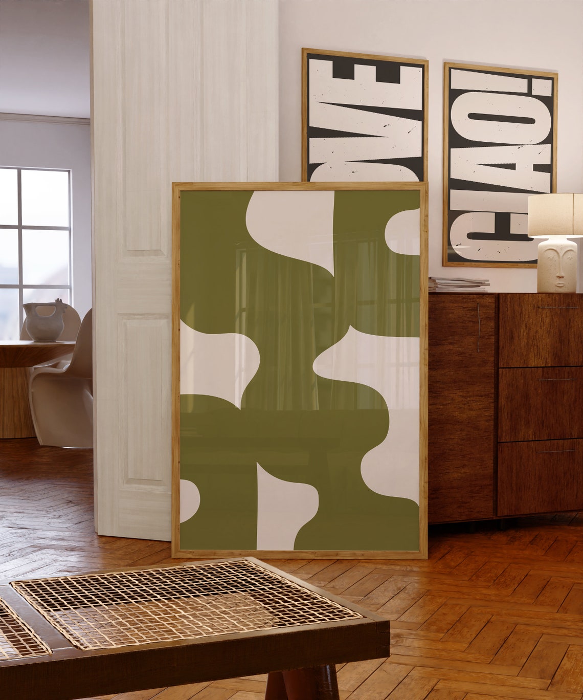 Midcentury Olive Green Cream Organic Shapes Abstract Wall Art