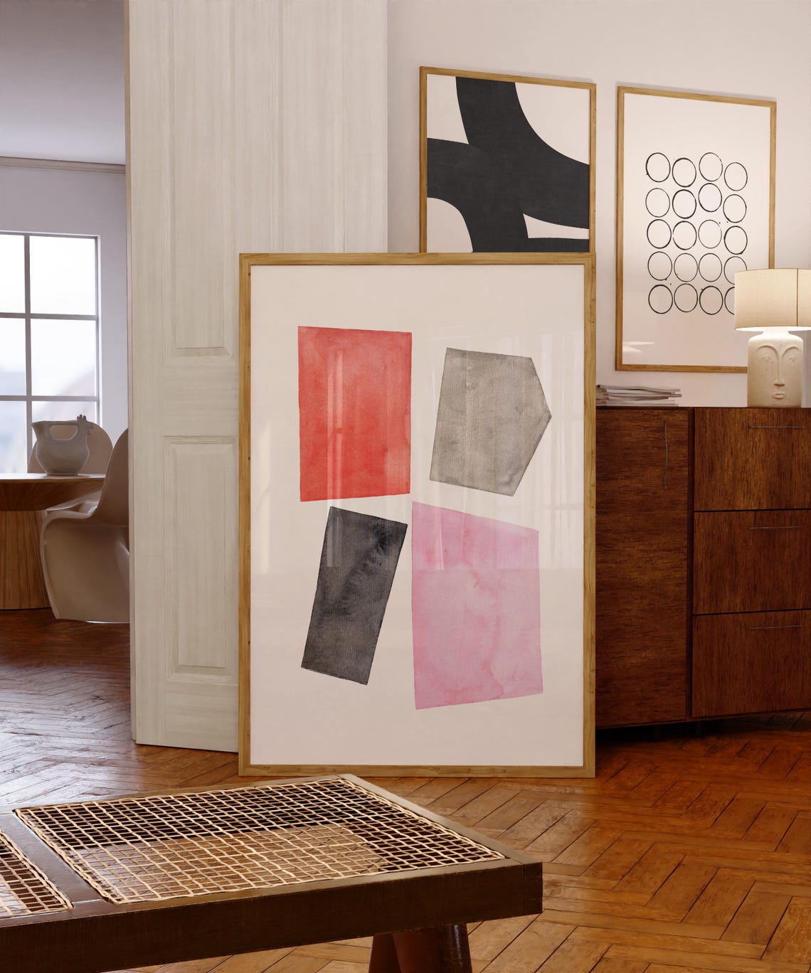 Watercolor Geometric Blocks Red Pink Gray Modern Abstract Poster - Image 3