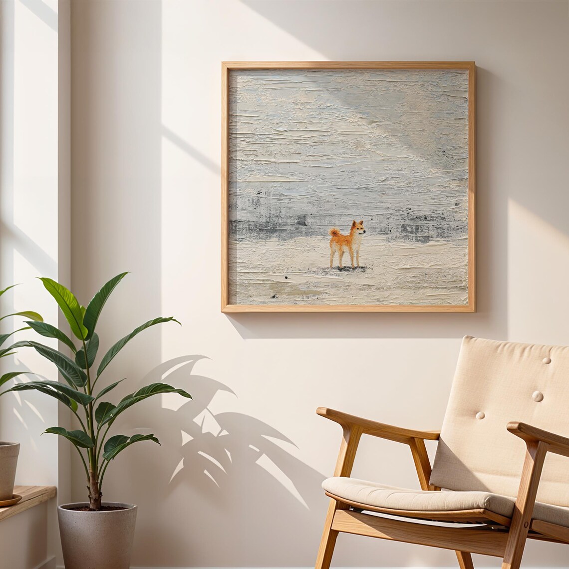 Shiba Inu Dog on Grey Textured Minimalist Painting Art Print