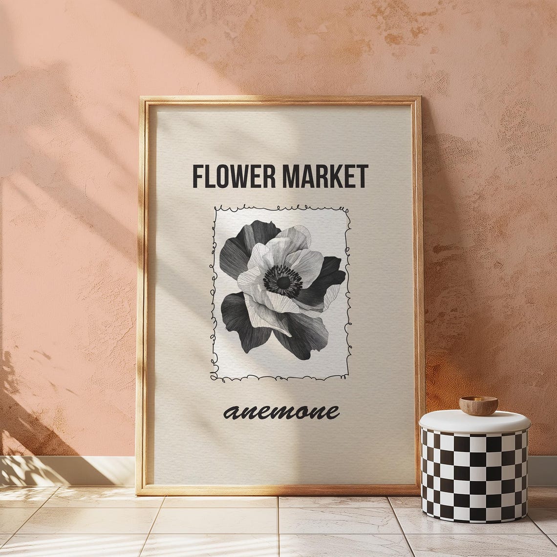 Flower Market Anemone Botanical Illustration Black White Poster