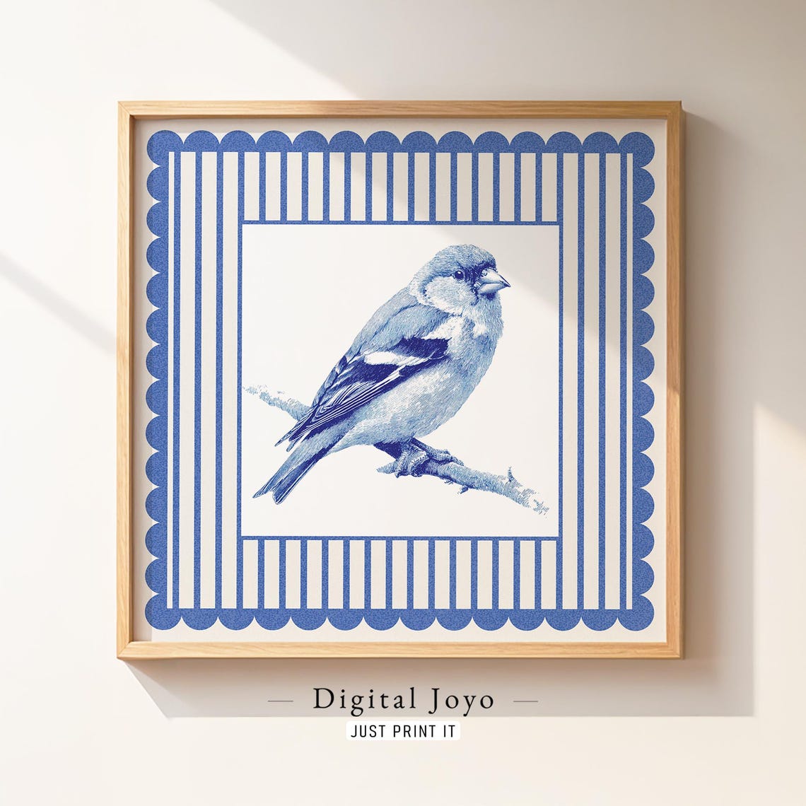 Goldfinch Blue Toile Bird Art Print Vintage Striped Scallop Border