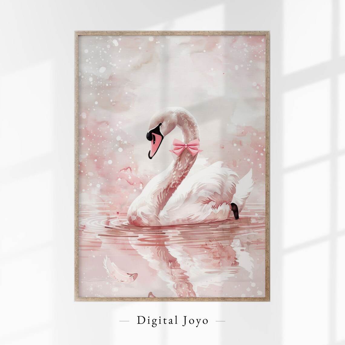 White Swan With Pink Bow Print Blush Watercolor Romantic Lake Painting