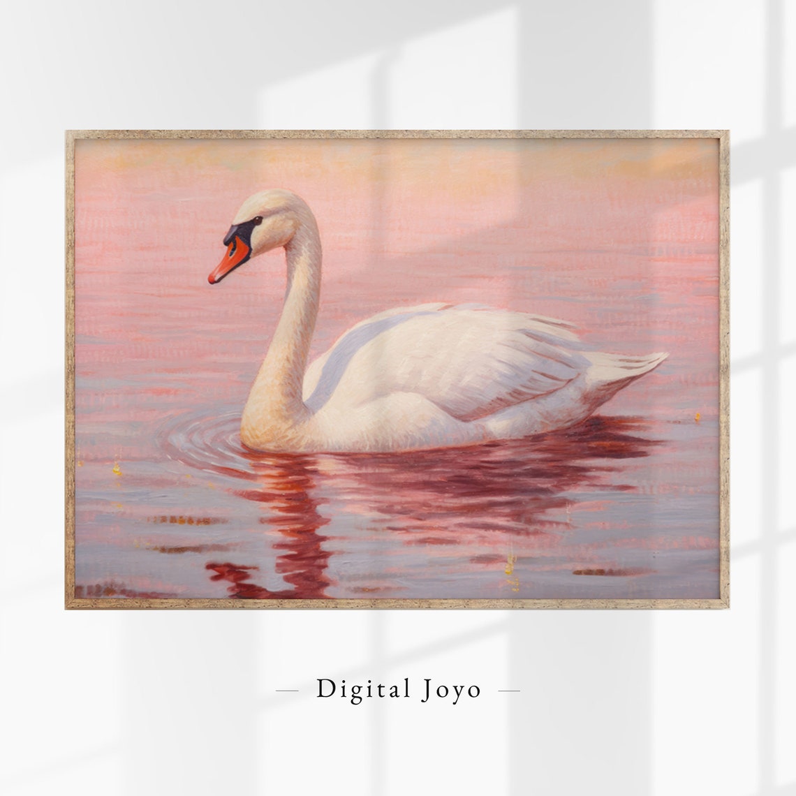 Serene Swan on Pink Water Poster Sunset Reflection Nature Painting Art