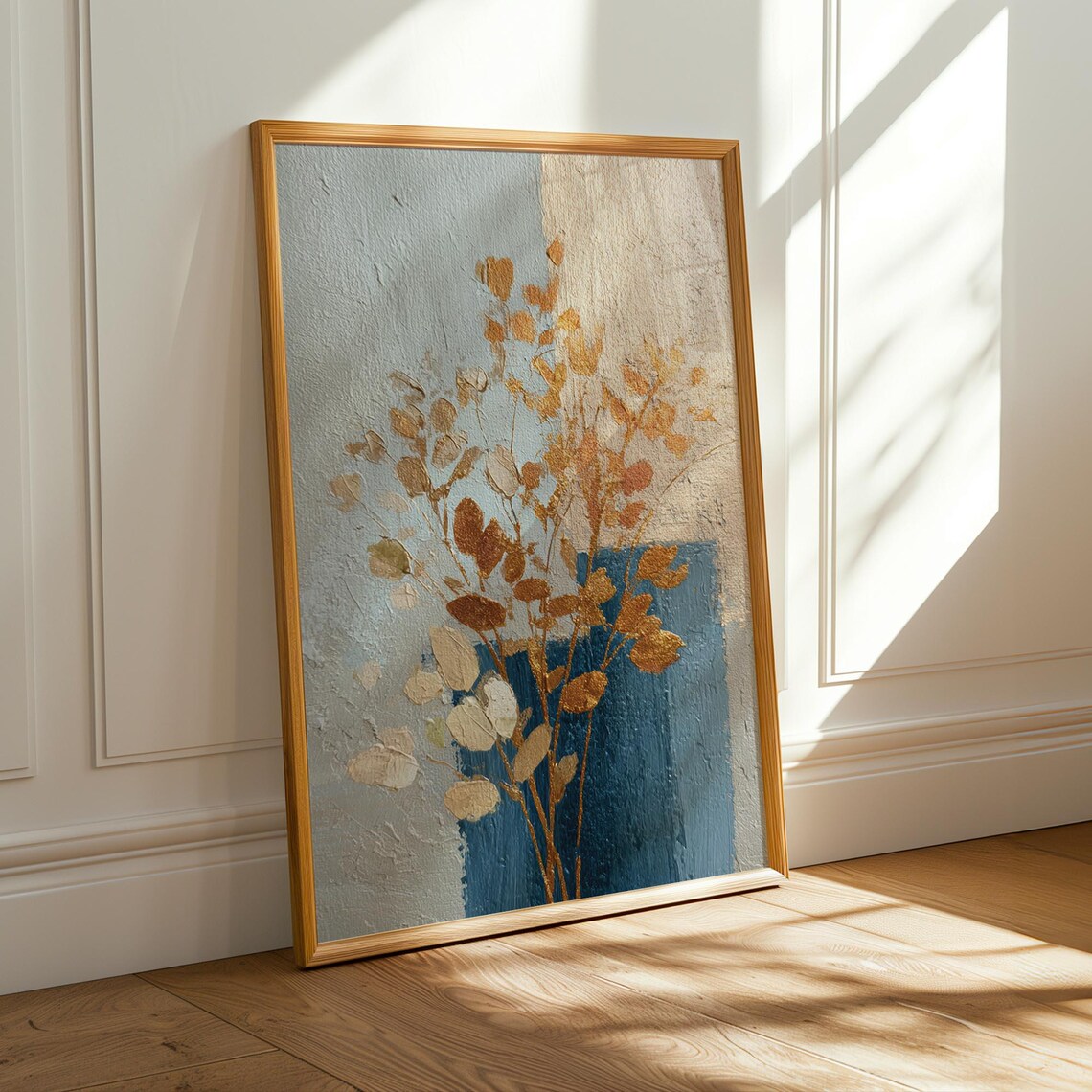 Blue and Gold Botanical Abstract Golden Leaf Painting Art Poster