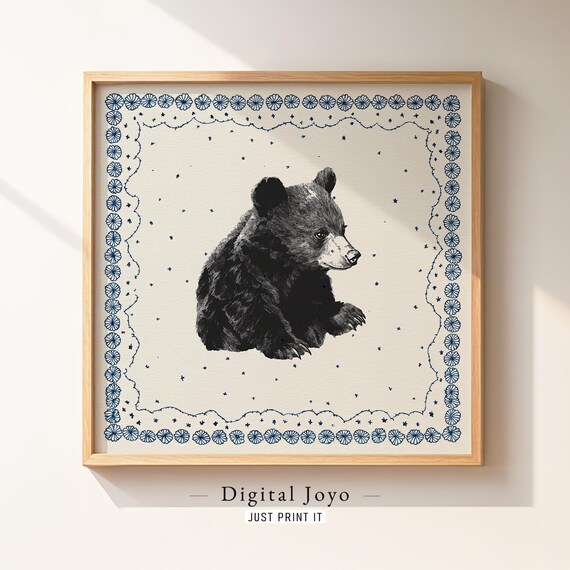 Bear Cub Sketch With Navy Floral Frame