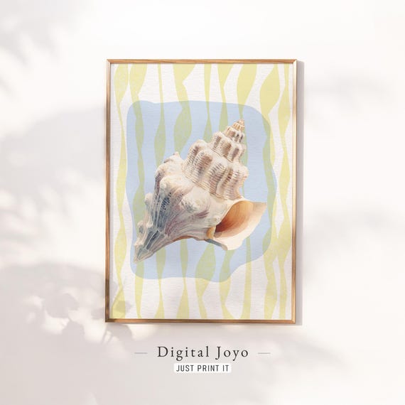 Conch Seashell Coastal Print On Lemon Waves