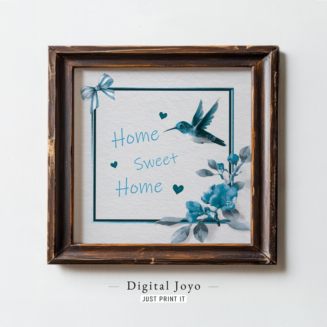 Teal Hummingbird Home Sweet Home Floral Watercolor Wall Print
