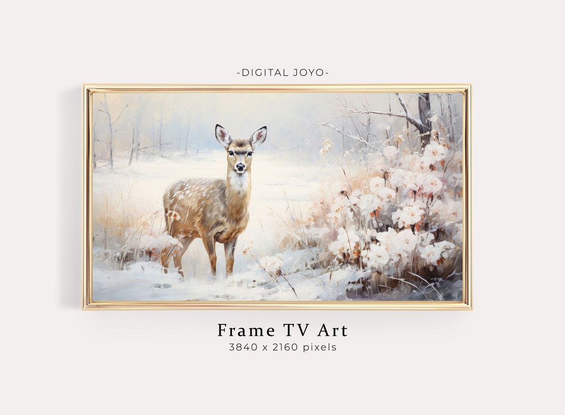 Winter Deer In Snowy Woodland Forest Landscape Painting Poster
