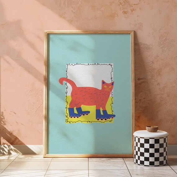 Roller Skating Cat Art Print Orange Cat Blue Skates Nursery Decor