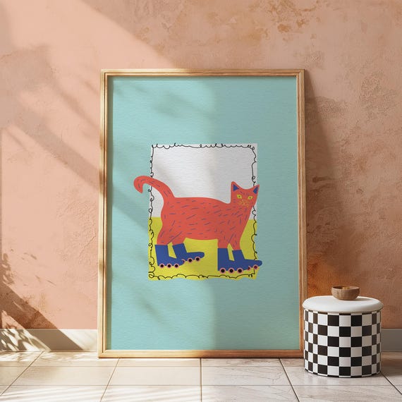 Roller Skating Cat Print Playful Nursery Wall Art